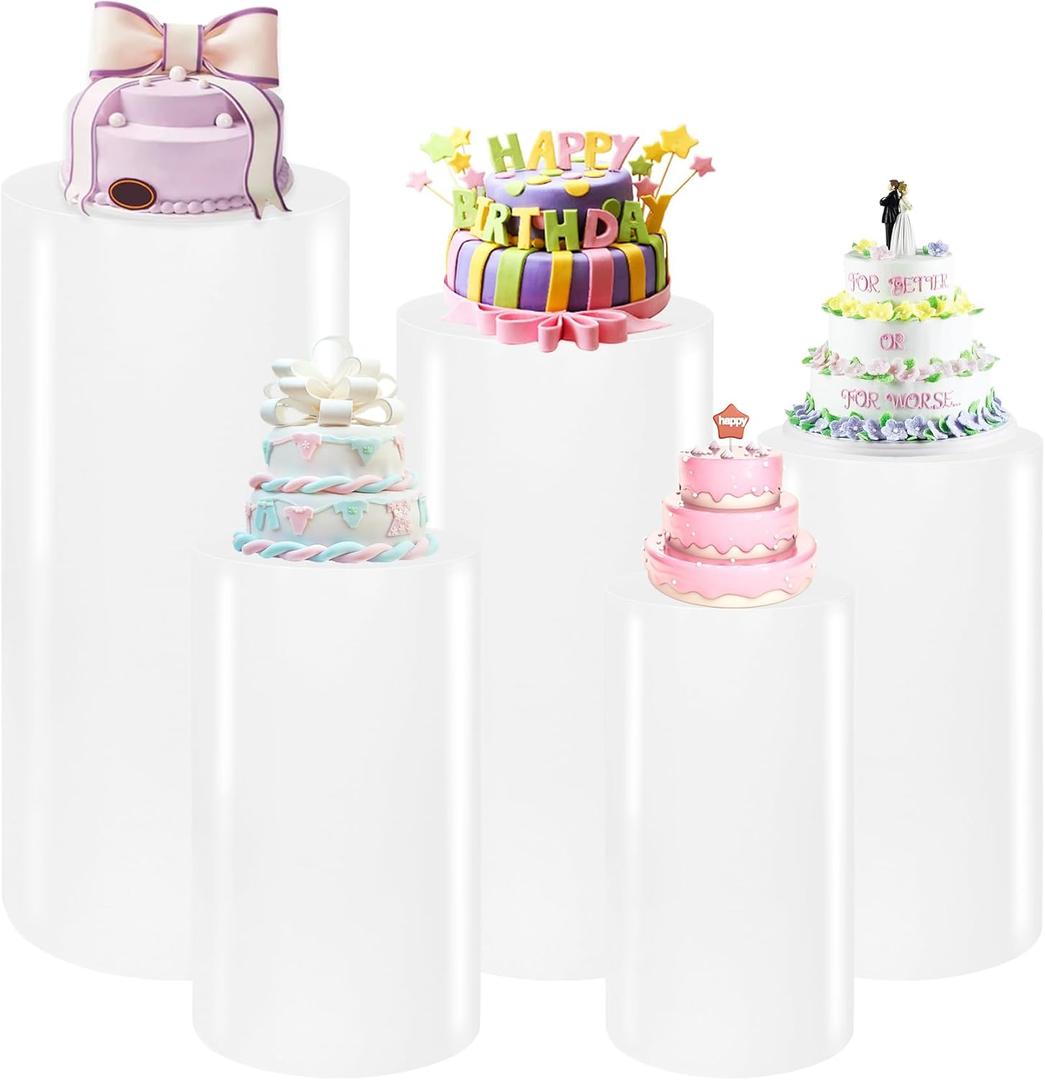 Premium Cylinder Pedestal Stands, Set of 5 Reusable Metal Round Cylinder Plinths Dessert Table Display Pillars for Birthday Wedding Bridal Baby Shower Party Decorations (White)