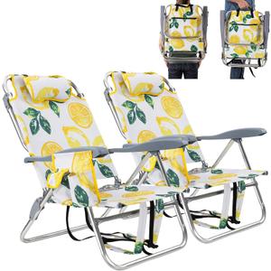 Backpack Beach Camping Chairs with 8 Positions Lay Flat, 2 Pack Lightweight Folding Beach Chair with Adjustable Headrest, Pouch, Cup Holder for Outdoor Lawn Picnic, Support 300LBS (Lemon_Yellow)