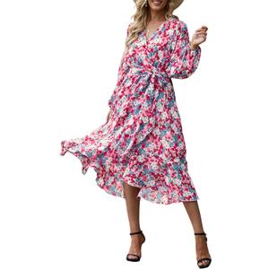 PRETTYGARDEN Women's Floral Print Boho Dress Long Sleeve Wrap V Neck Ruffle Belted A-Line Flowy Maxi Dresses (Large, Floral Pink)