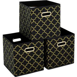 Fabric storage bins Cubes, Fabric Cube Organizer with Handle, Foldable Cube Bins for Cloth or Accessary Storage, 11x11x11, Set of 3, (Black Gold)