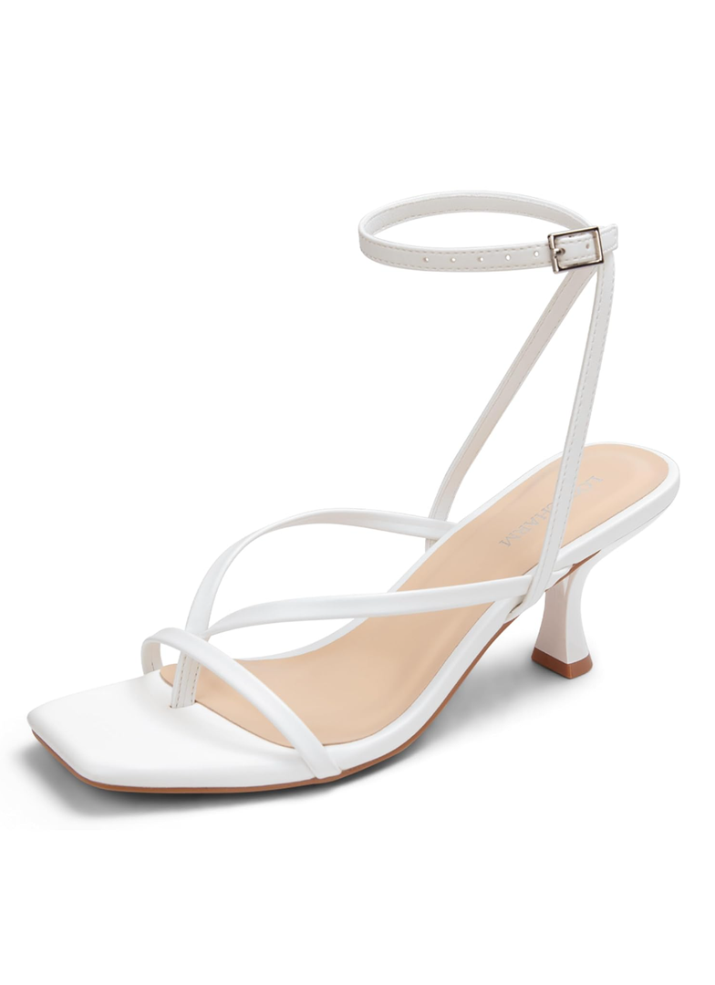 Women's Kitten Heel Strappy Open Square Toe Thong Ankle Strap Heels for Wedding, Size 6.5
