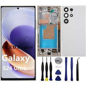OLED for Samsung Galaxy S24ultra 5G S928U S928U1 S928E LCD Display Touch Screen Digitizer Assembly S24 Ultra Screen Replacement Support Fingerprint+S-Pen (with Grey Frame+Back Cover+Tools)