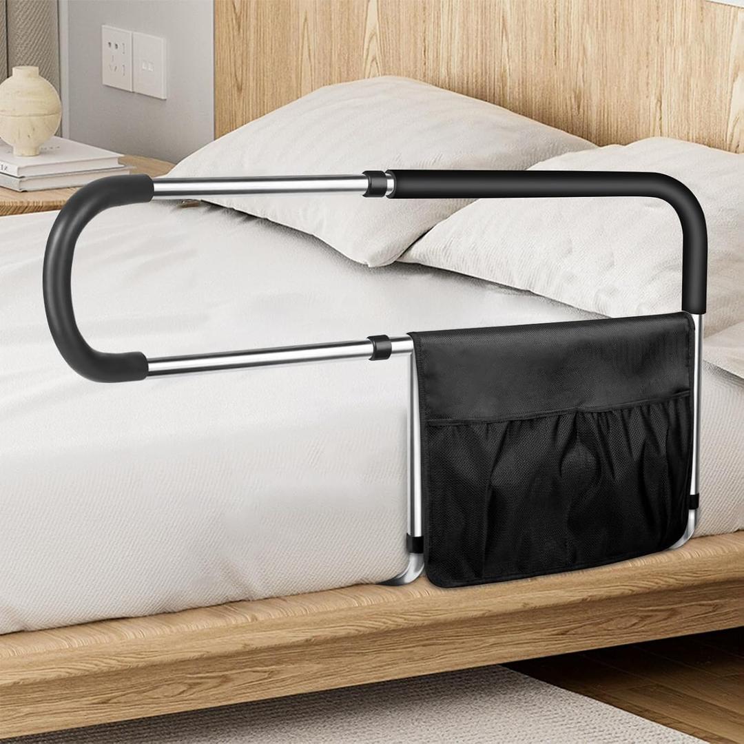 Bed Rails for Elderly Adults Safety, Stainless Steel Bed Assist Rail with Adjustable Side Railings for Seniors Bedside Fall Prevent Grab Bar with Storage Pocket, Fits King Queen Full Twin Bed, Extend Adjustable