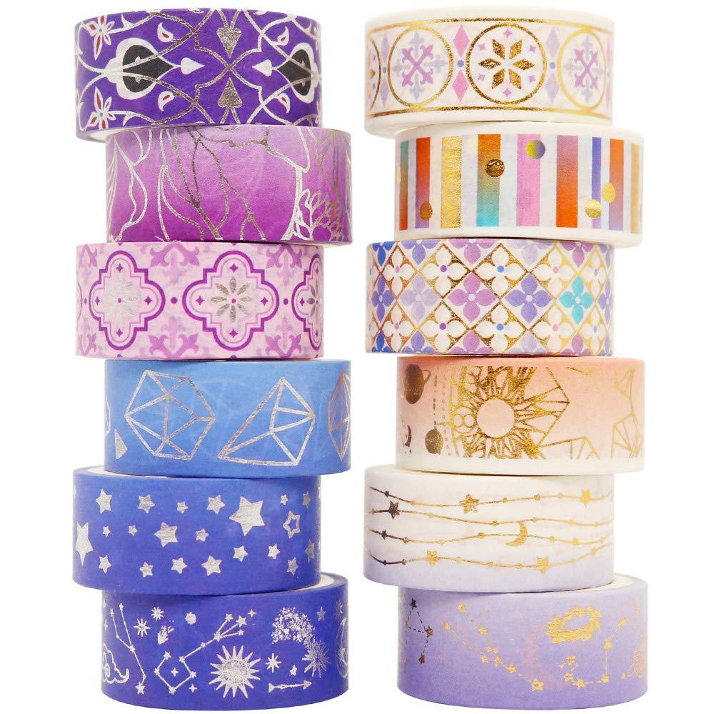 YUBBAEX Galaxy Washi Tape Set Purple Stars Decorative Tapes Silver Gold Foil Masking for Arts, DIY Crafts, Journal Supplies, Planners, Scrapbook, Gift Wrapping (Purple Night 12 Rolls)