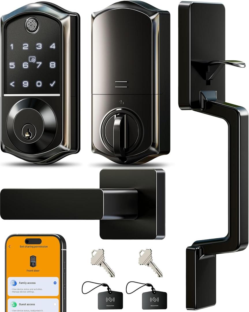 Veise VE017-D Smart Fingerprint Front Door Lock Set, App Control, 8-in-1 Keyless Entry Deadbolt with Lever Handle, Touchscreen Keypad, IP55 Weatherproof, Auto Lock, Easy Install, Matte Black