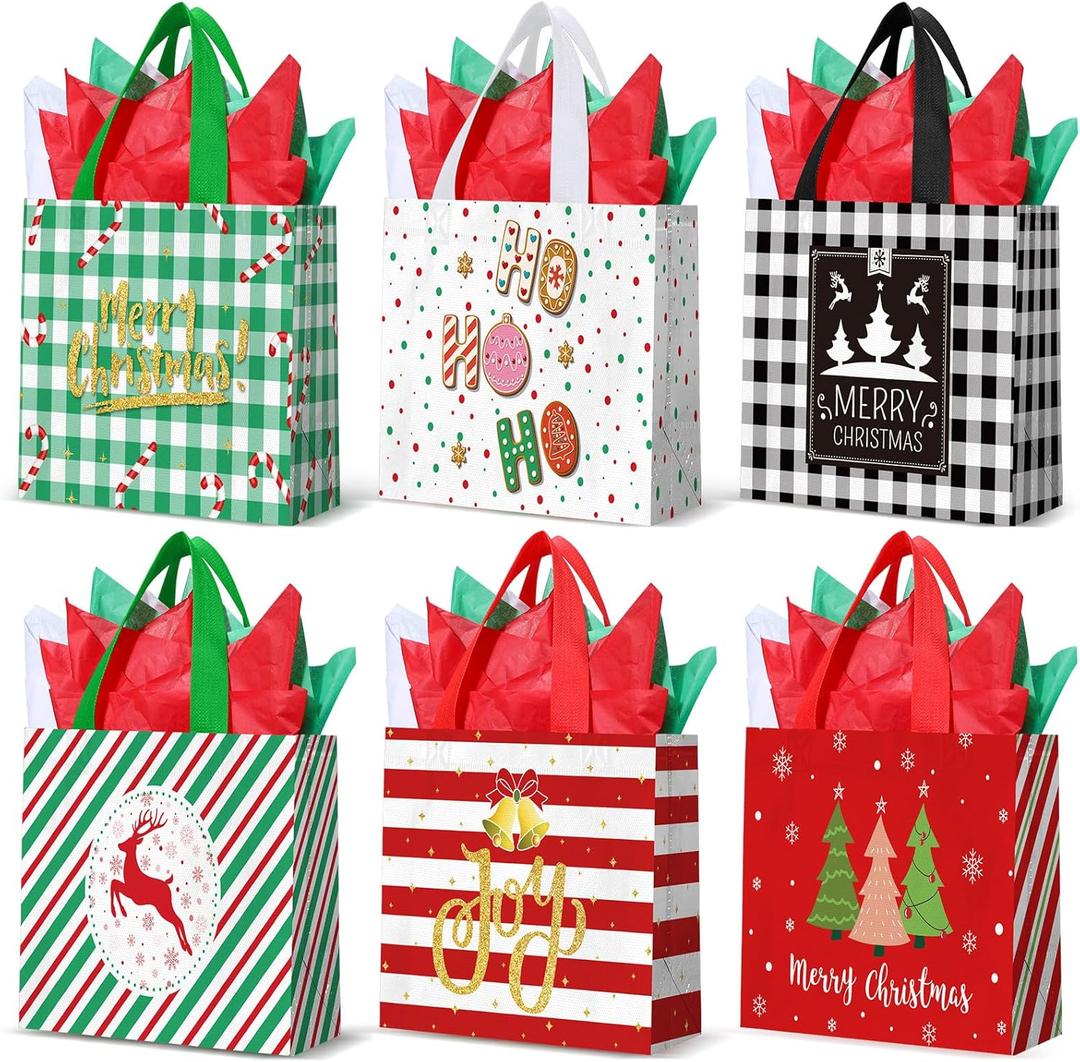 Wesnoy 30 Pack Christmas Reusable Gift Bags Non Woven Tote Bulk with Handles Goodie Shopping Bags with Tissue Paper for Party Favors