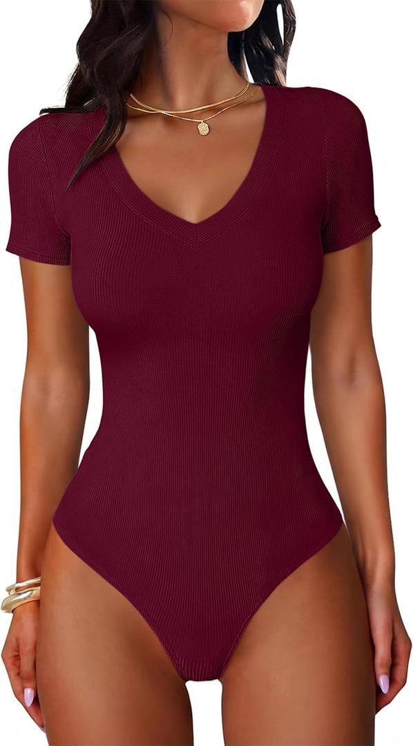 ANRABESS Bodysuits for Women V Neck Short Sleeve Body Suit Tops Slim Fit Ribbed Knit Soft Basic T-Shirts 2026 Summer Outfits Deep Red Large
