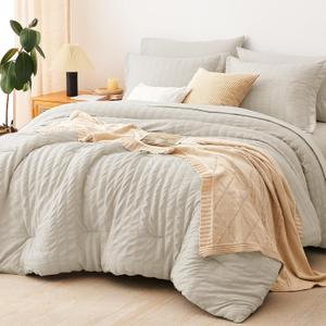 CozyLux Full Size Comforter Sets with Sheets Seersucker 7 Pieces Oatmeal Bed in a Bag Textured Luxury Soft Bedding Set with Down Alternative Comforter, Sheets, Pillowcases & Shams for All Seasons