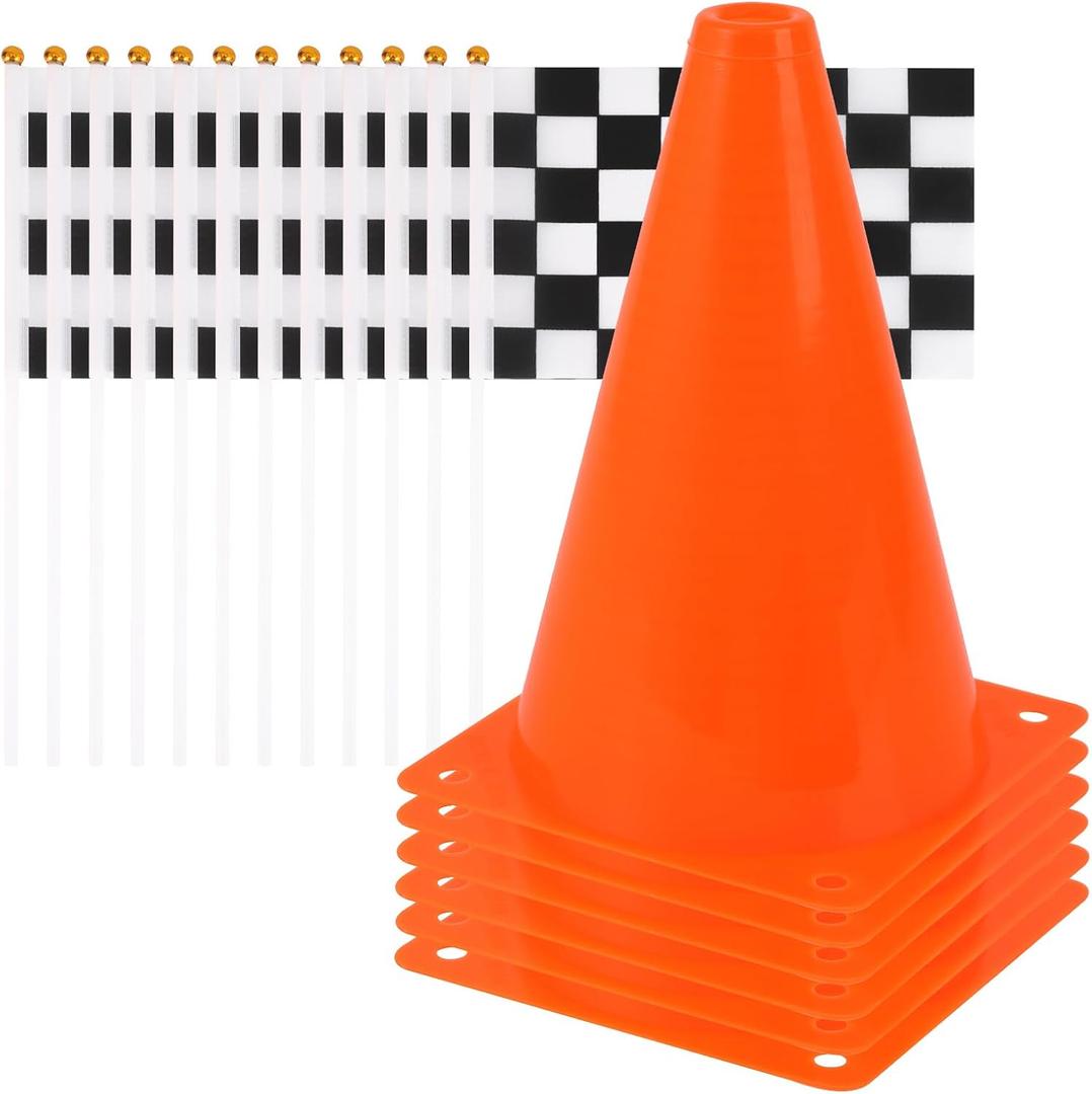 Mini Traffic Cones With Hole on Top with Racing Checkered Flags, Sports Safety Cones for Soccer Cones and Basketball Practice Equipment - Mini Orange Cones for Soccer Practice and Small Driving Practice Cones Race Car Birthday Party Supplies, Kids Gift. (6PCS Cones) (18PCS)