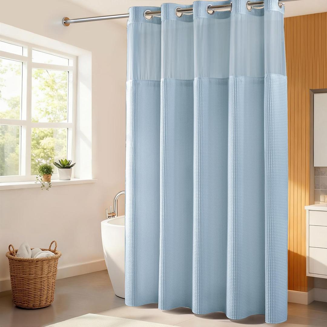 River Dream Misty Blue Fabric Shower Curtain Set, Cotton Blend, Waffle Weave, with Snap in Replacement Liner71 x 74 inches