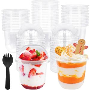 Panxxsen 100 Pack 12 oz Clear Plastic Cups with Dome Lids,Parfait Yogurt Cups with Spoons,No Hole Plastic Cup with Lids for Dessert,Yogurt,Ice Cream,Cupcake,Fruits (EXP 05/11/33)