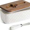 LE TAUCI Butter Dish with Lid for Countertop, Ceramic Butter Container with Acacia Wood lid, Knife, and Airtight Cover, Farmhouse Decor  Set of 1, Arctic White, Fireworks Design