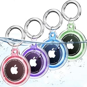 4 Pack Airtag Holder,Airtag Case Waterproof for Apple Airtags 4 Pack with Airtag Keychain,Compatible with Apple Air Tag,Dust and Scratch Proof Air tag Holder for Dog,Cat, Bags, Keys, Luggage- 4 Color (A1- Blue+Purple+Pink+Green+Black+Clear)