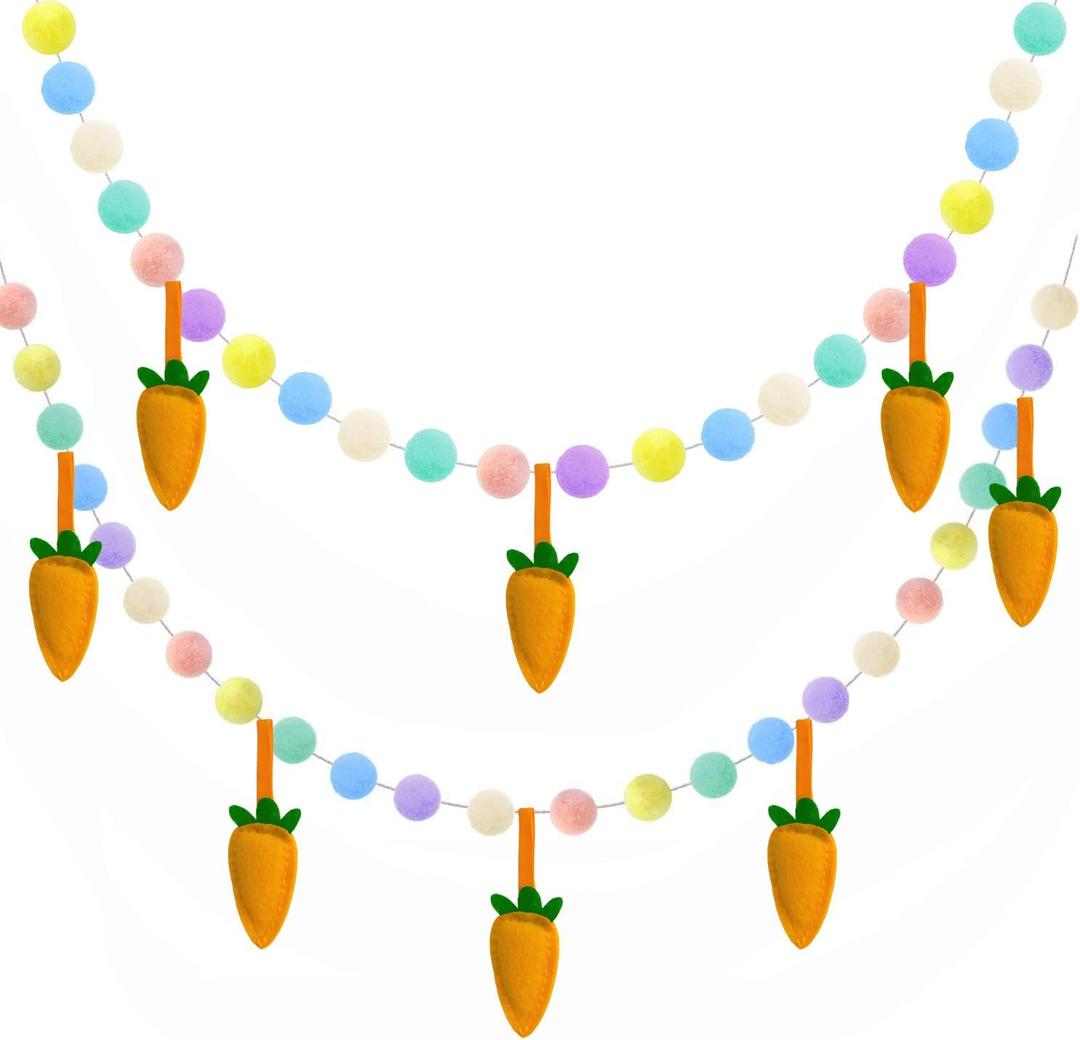 Easter Party Decorations Garland, 2pcs Pom Pom Balls Banner with 3D Felt Carrots Hanging Pastel Birthday Decorations Rainbow Wall Window Fireplace Tree Decor for Home Office Classroom Easter Supplies