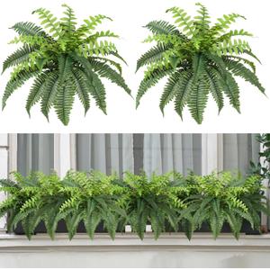 Luyue Fake Ferns Artificial Plants Sets of 2, 25" Artificial Boston Ferns for Outdoors Realistic Large Faux Fern Bush with 24 Fronds Hanging Plant for Front Porch Patio Outdoor/Indoor Home Decor
