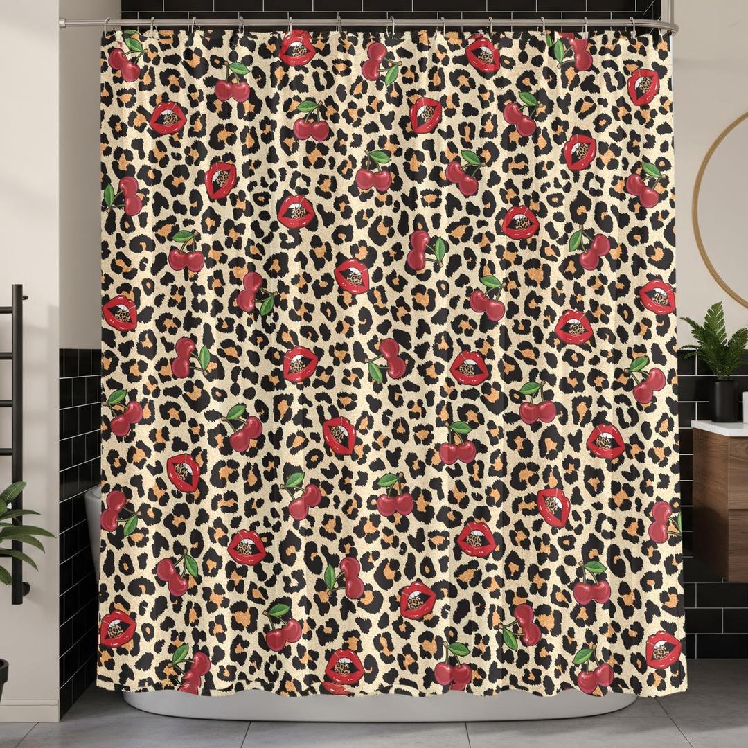 Cheetah and Cherry Shower Curtain, Vintage Cheetah Print Shower Bath Tub Curtain, Leopard Cherry Aesthetic Waterproof Bathroom Decor(72 X 72 Inches)
