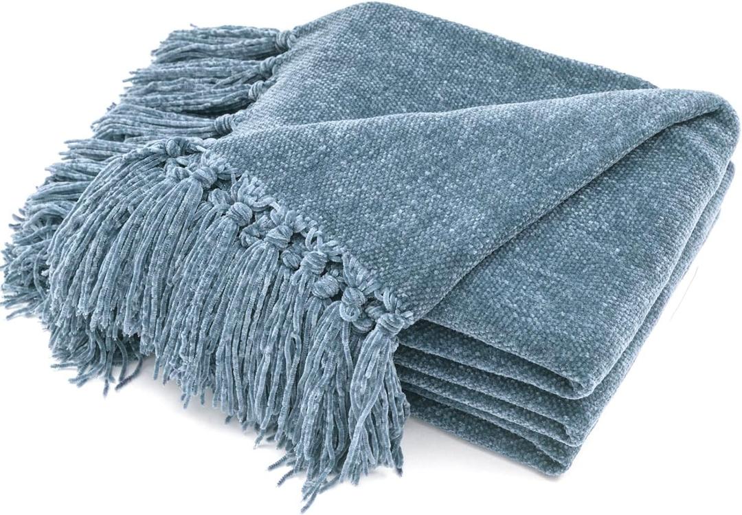 RECYCO Throw Blanket Soft Cozy Chenille Throw Blanket with Fringe Tassel for Couch Sofa Chair Bed Living Room Gift (Dusty Blue, 50'' x 60'')