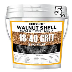 18-40 Grit Ground Walnut Shell Media (5 LBS / 2.3 KG) - Fine Grit for Tumbling, Blasting, Vibratory, Polishing, Deburring, Anti-Skid, Fillers