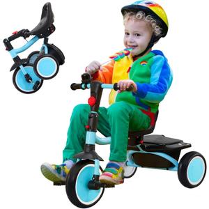 Toddler Tricycle, Kids Tricycle with Bell, Foldable Kids Trike for Age 18 Months to 5 Years, Baby Trike with Adjustable Seat, Gift for Boys and Girls, Blue