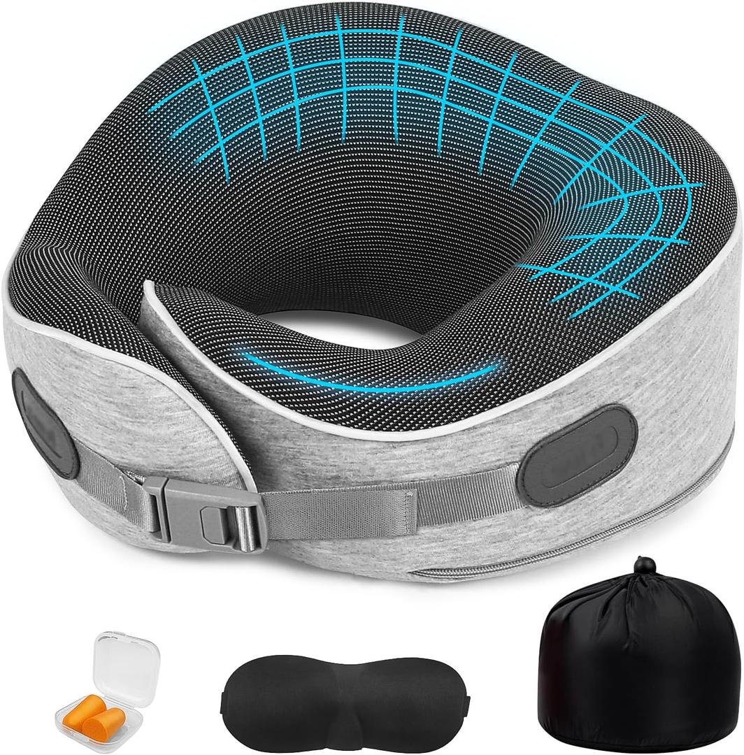 Travel Pillows for Airplanes Ergonomic Memory Foam Neck Pillow for Travel - 360 Head & Neck Support for Sleeping on Flights, Cars, Trains & Office (Gray-1)