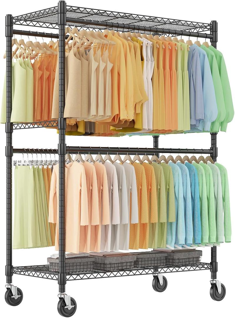 Himimi Double Rods Clothes Rack Heavy Duty,Adjustable Metal Garment Rack with Wheels,Portable Clothing Rack for Hanging Clothes, Closet Rack for Bedroom Laundry Room, 45" W20.5" D80.5" H, Black