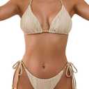 Women's Ribbed Two Piece Adjustable Triangle Beads Shoulder Strap Bikini Set Sexy Bathing Swimsuits (Beige, Small)