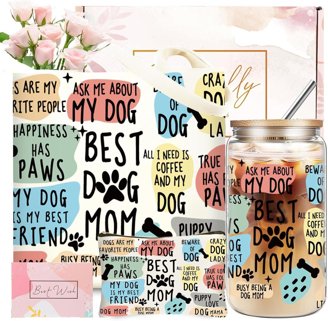 Dog Mom Gifts for Women, Christmas Gifts for Mom,Dog Lovers Sister, Wife, Dogs Themed Birthday Gifts Set with 16oz Glass Cup, Canvas Tote Bag
