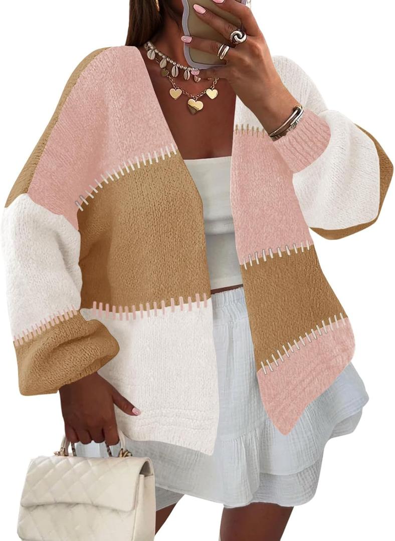 Yousify Womens Cardigan Sweater Color Block Open Front Long Puff Sleeve Casual Chunky Knit Cardigans 2025 Fall Outerwear (M)