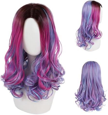 GNIMEGIL Long Wavy Wigs For Women Rainbow Colorful Halloween Party Wig Brown Roots Mixed Audrey Descendants Costumes For Women