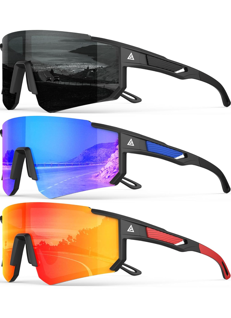 Polarized Sports Sunglasses for Men, UV400 Protection Mens Sunglasses Wrap Around Sun Glasses for Cycling Running, Pack of 3