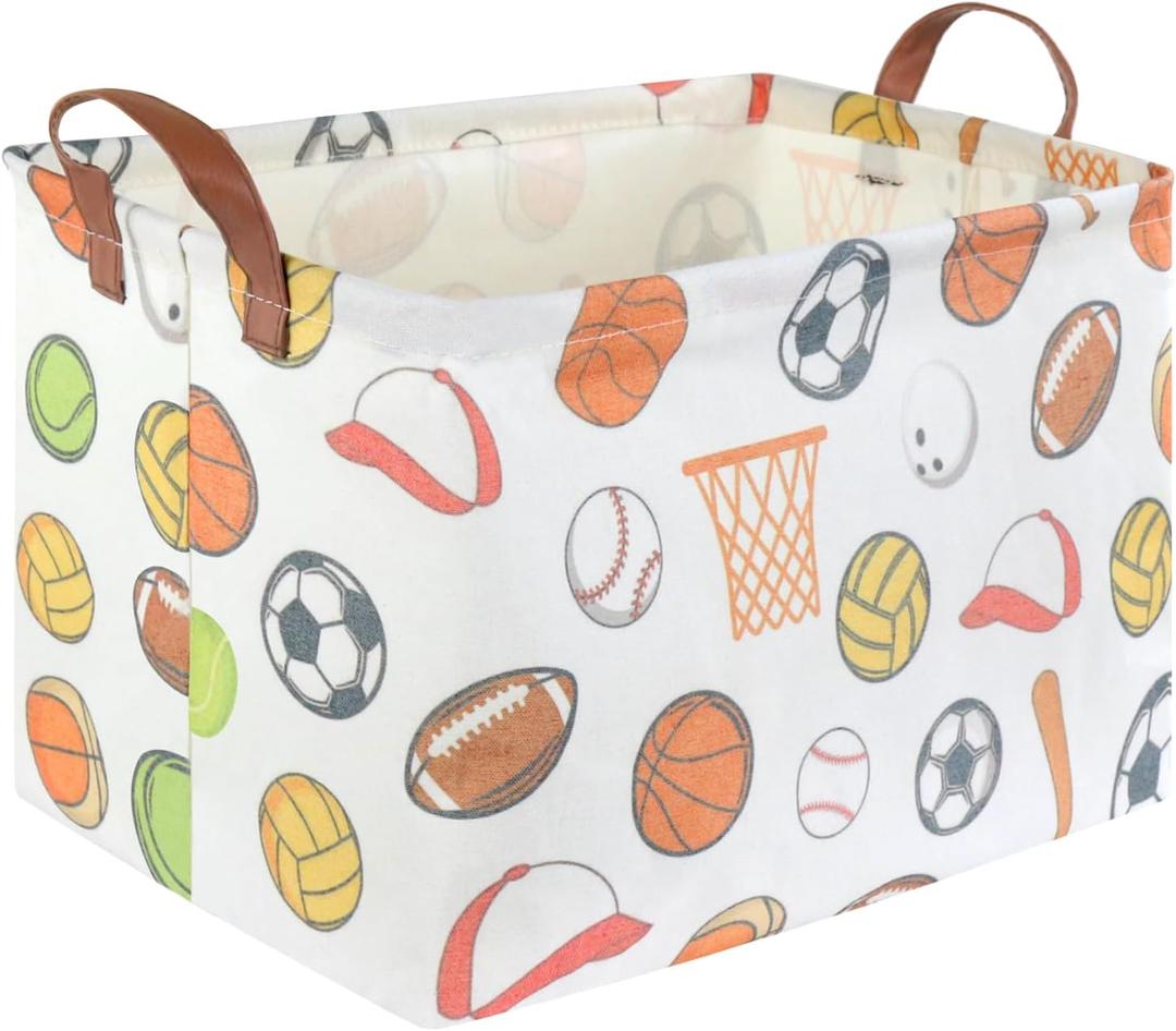 Rectangular Ball Basket, Kids Storage Bin, Foldable Waterproof Canvas Toy Organizer, Boys Room Decor, Shelf Basket (Ball Game)