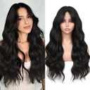 WIGNEE Long Brown Black Curly Wavy Wig for Women 26 Inch Middle Part Synthetic Hair Wig Glueless with Bangs Natural Hairline Looking Wear and Go for Daily/Cosplay/Halloween