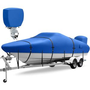 Boat Cover 16-18.5 ft, Upgraded 1800D Boat Cover, 6000Pa Waterproof Heavy Duty Boat Covers with Motor Cover Fits BassBoat, V-Hull Tri-Hull Boat, Runabout Bowrider, 16' 17' 18' 18.5', Blue