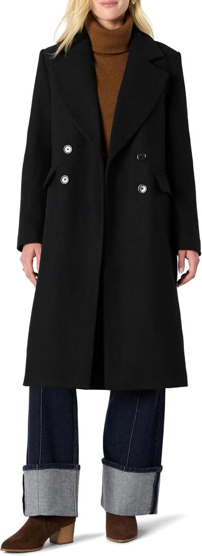 Amazon Essentials Women's Relaxed-Fit Double-Breasted Wool-Blend Longline Coat (Large, Black)