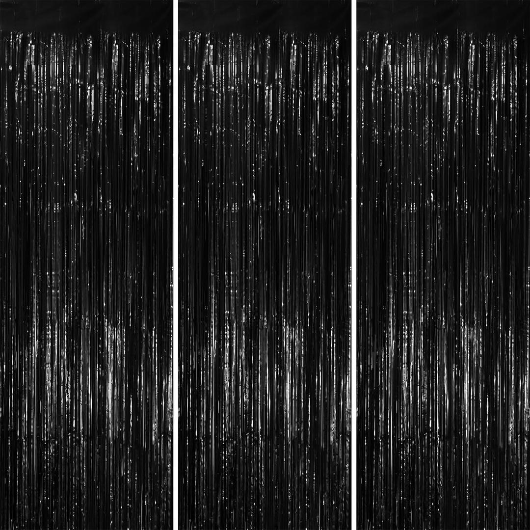 Voircoloria 3 Pack 3.3x8.2 Feet Black Foil Fringe Backdrop Curtains, Tinsel Streamers Birthday Party Decorations, Fringe Backdrop for Graduation, New Years, Halloween, Disco Party