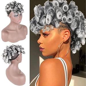 Oseti Deep Curl Mohawk Wig With Bangs for Black Women - Short Mix Gray Faux Hawk Clip-in Hair Pieces for Thinning Hair - Clip-on Bangs and Ponytail (1B/Gray)