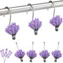 Amyhill 12 Pcs Lavender Decorative Shower Curtain Hooks Purple Lavender Shower Curtain Rings Hanger Stainless Steel Resin Spring Floral Themed Hooks for Home Bathroom Decor