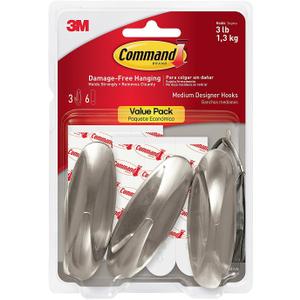 Command Medium Designer Hooks, Holds up to 3 lb, 3 Wall Hooks with 6 Command Strips, Brushed Nickel Color, Damage Free Hanging Hooks for Hanging Decorations in Living Spaces, 2 Pack