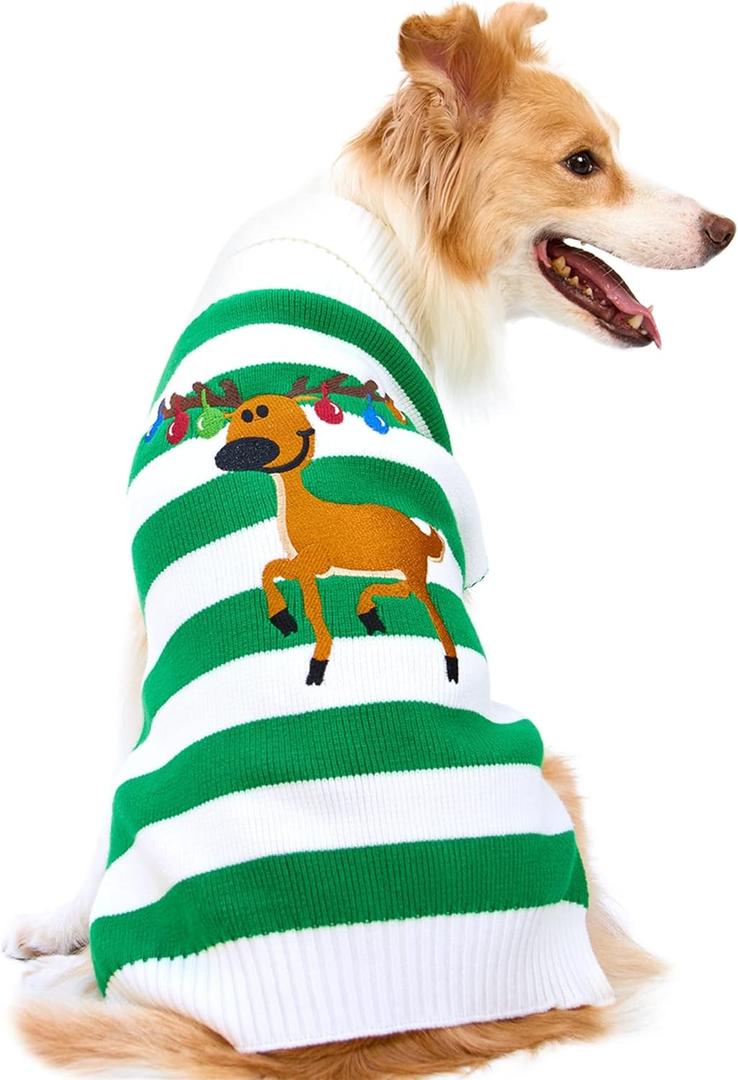 NACOCO Dog Sweater Pet Christmas Elk Bells Sweaters Halloween Reindeer for Small Dog and Cat (L, Green) (Large (Pack of 1), 5-Green Fawn)