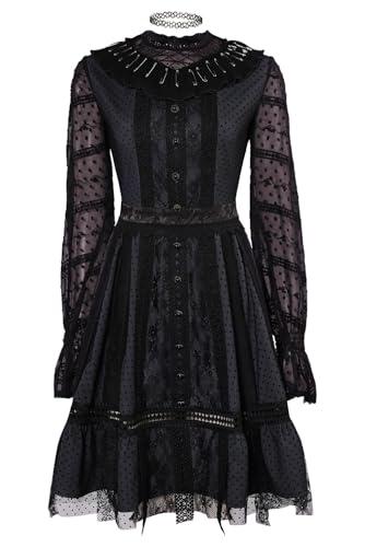 COSTHAT Women Girls Lydia Deetz Dress Costume Halloween Lydia Deetz Black Dress Gothic Outfits (Black, M-L)