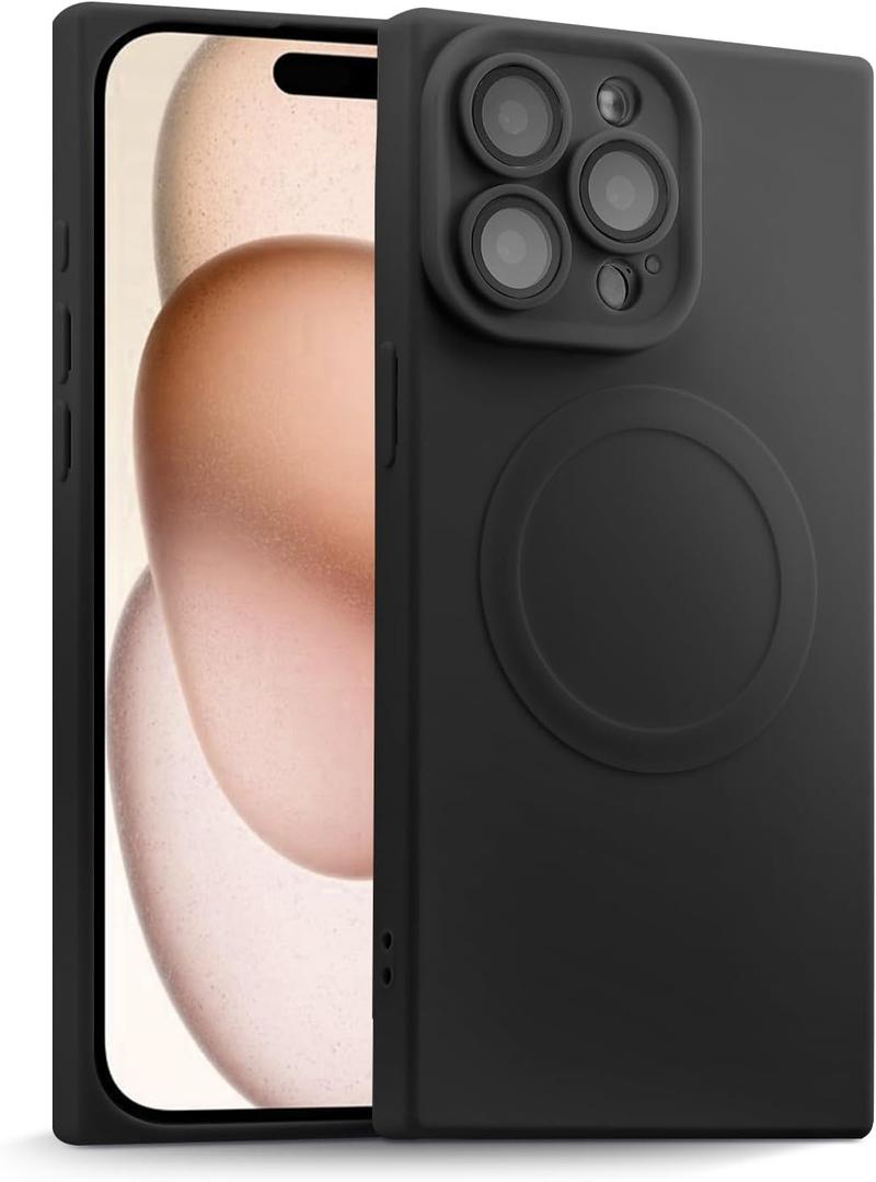 Designed for iPhone 14 Pro Case Silicone Compatible with Magsafe, Camera Lens Protector, Military Grade Shockproof Protective, Rectangle Magnetic Phone Case for iPhone 14 Pro Black