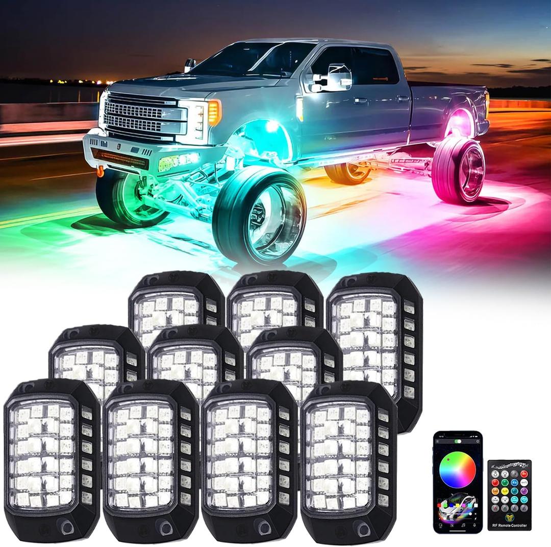 RGB Rock Lights, 10 Pods 360 LEDs SMD Chips Super Bright App Control Underglow Neon Light Exterior Chassis Wheel Well Glow Kit for Off Road Cars Trucks Jeep SUV UTV ATV RZR Golf Cart