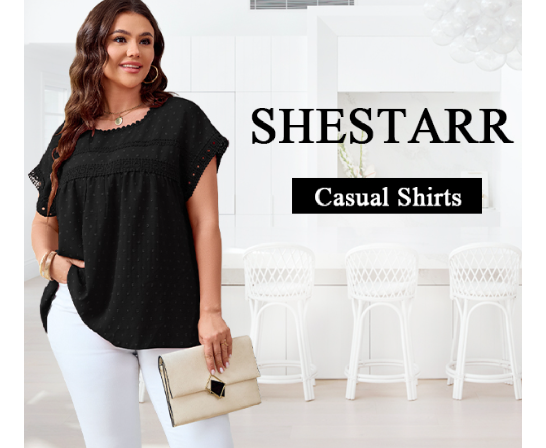 SHESTARR Women's Plus Size Tops Crewneck Lace Crochet Short Sleeve Casual Loose Summer Blouses Shirts Black 1XL