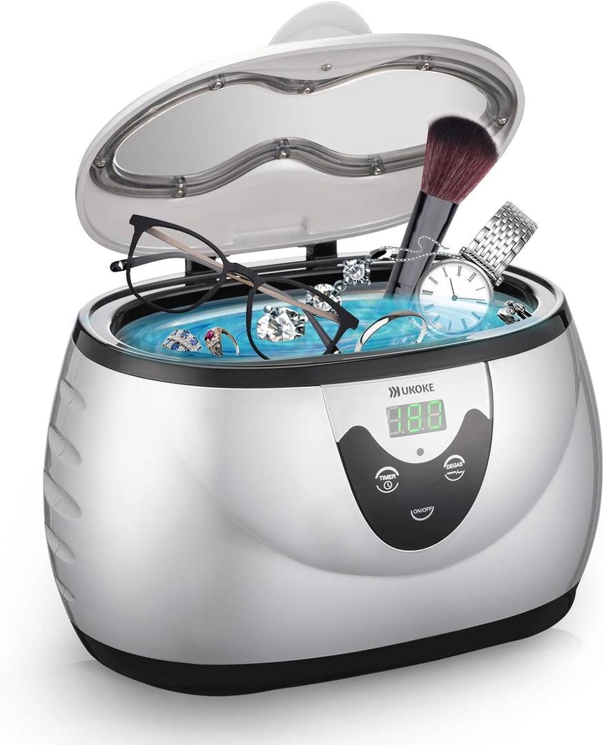 UKOKE 3800S Professional Ultrasonic Jewelry Cleaner Machine, 0.6L Portable Household Timer Device for Eyeglasses, Dentures, Watches, Rings | Silver, Fast Deep Cleaning for Small Accessories