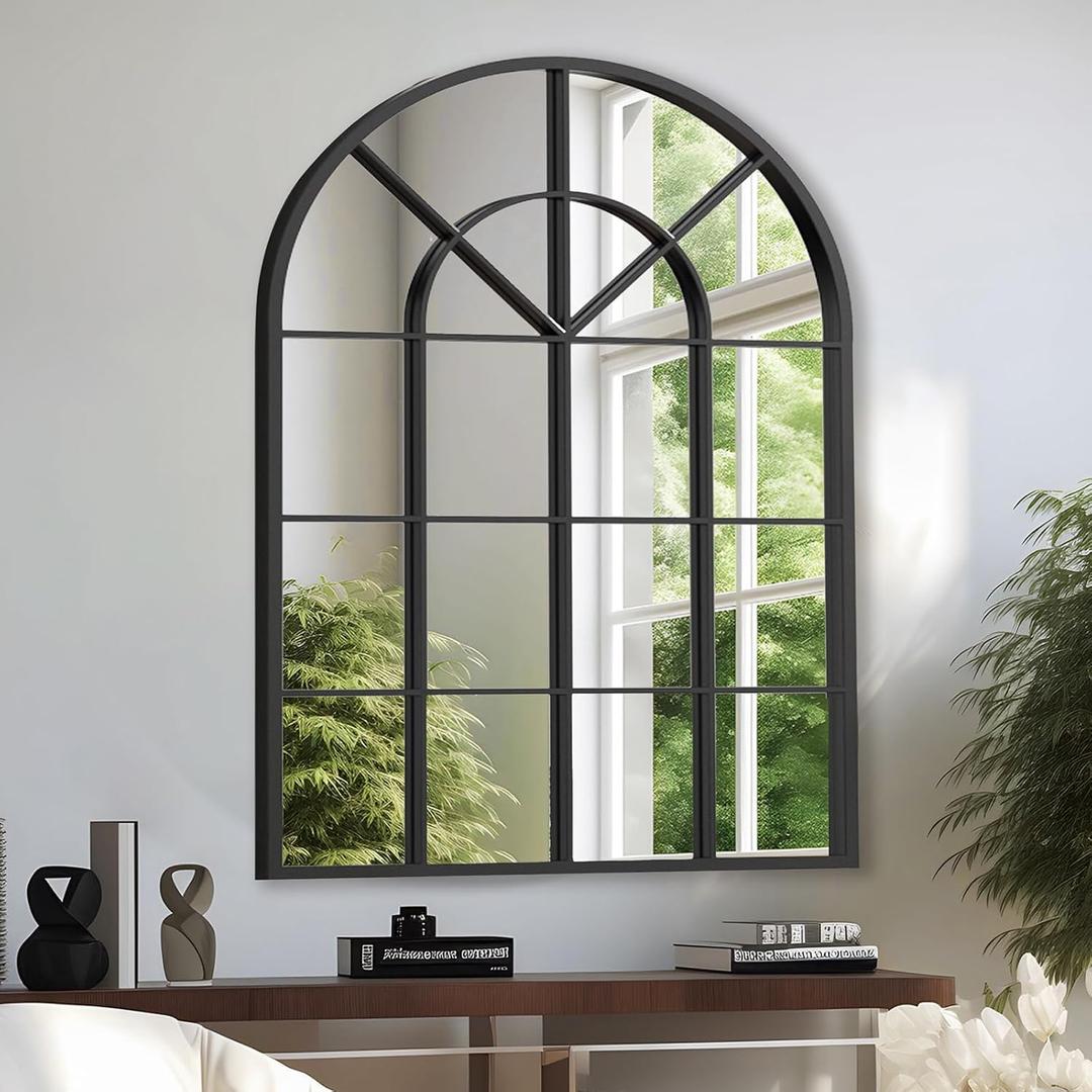 Black Arched Metal Window Mirror 32"x45" - Shatterproof Wall Decor for Fireplace, Living Room, Dining Room, Entrances, Against The Wall - Distortion-Free, Easy Mounting