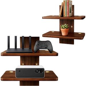 2PCS Floating TV Shelf, Projector Wall Mount Holds Up to 22lbs, Wooden Float Book Shelves Projector Shelf for Wall DVD Players, Living Room Decor,Game Consoles Bed Room,4 Shelves
