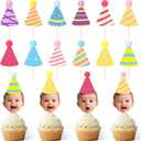 DIY Baby Face Photo Cake Topper Kit 36 Pcs Flat Birthday Hats with Pom Poms & Wooden Stick for First Birthday Personalized Cake Decoration Baby's Cupcake Topper(Rainbow Color,Stylish Style)