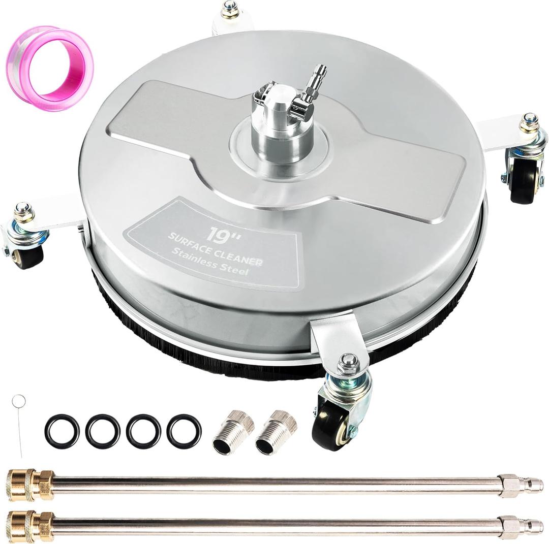 19" Pressure Washer Surface Cleaner with 4 Wheels, Stainless Steel Power Washer Surface Cleaner for Driveways Sidewalks Patios, 1/4" Quick Connector, 2 Extension Wand, 4000 PSI (19 Inch Silver)