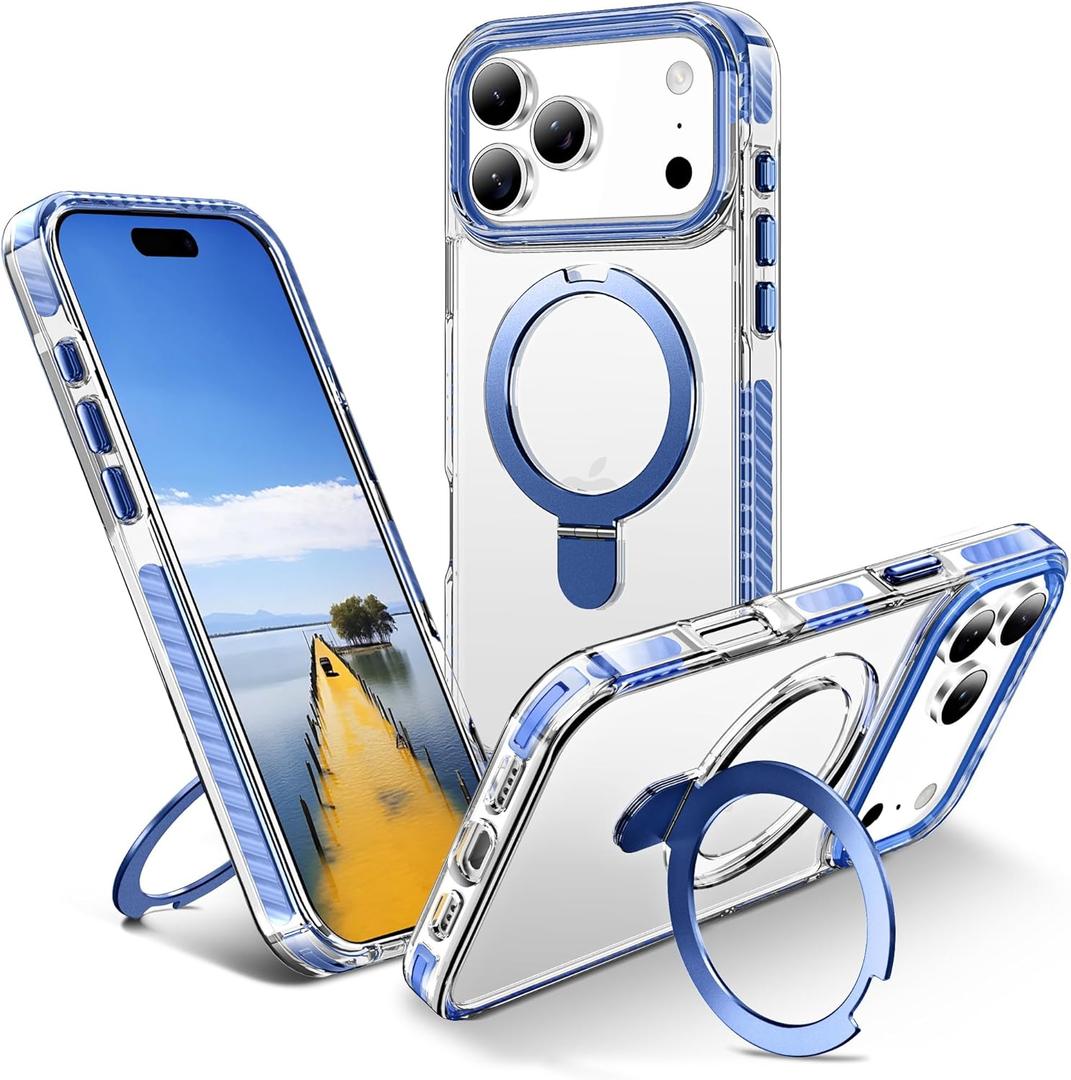 UMIONE for iPhone 17 Pro Clear Magnetic case with Stand and Finger Ring, Compatible with magsafe, Shockproof Transparent Hard Plate, Full Body case, Universal for Boys and Girls 6.3 - Blue