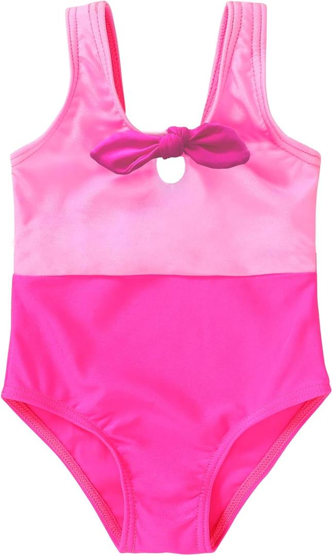 YOUNGER TREE Toddler Girl One Piece Swimsuit Color Block Stripe Swimwear Summer Beach Bathing Suit 12M-5T (3-4T, Neon Hot Pink+bowknot)